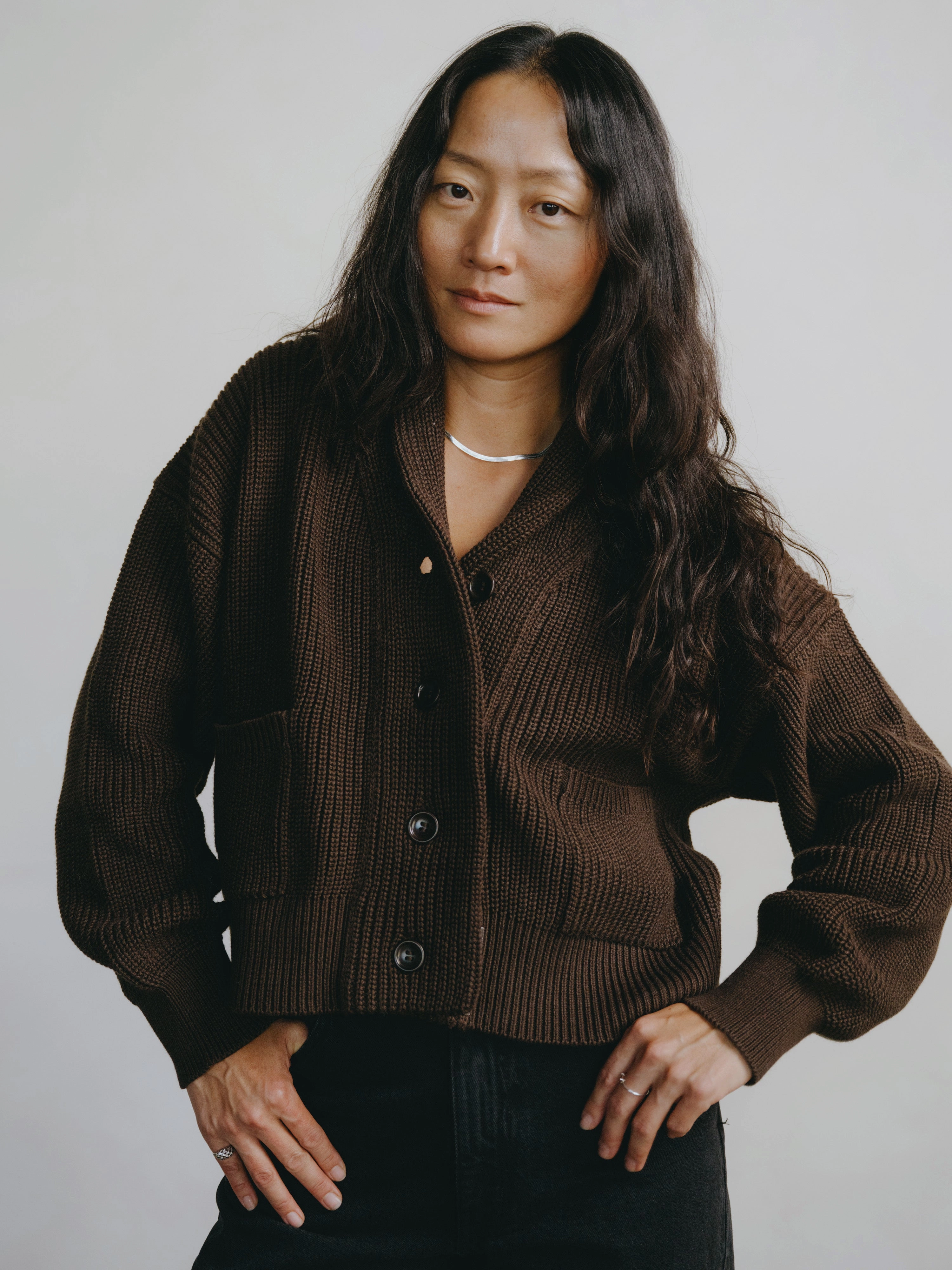 Sloan Cardigan, Organic Tanguis Cotton, Chocolate Comfy Fit
