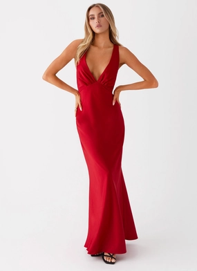 Slyvia Maxi Dress - Red Halter-Neck