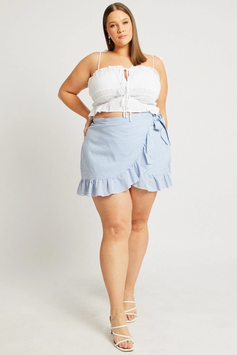 Blue Stripe Wrap Frill Miniskirt Fringe Detail Opaque finish