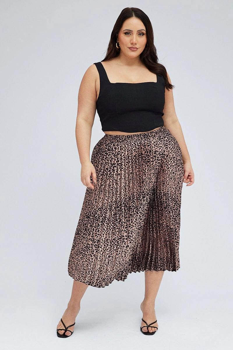 Brown Animal Print Pleated Skirt Leopard Wrinkle Resistant