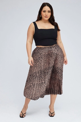 Brown Animal Print Pleated Skirt Leopard Wrinkle Resistant