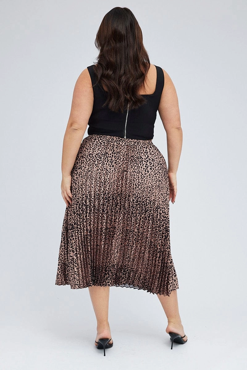 Sophisticated Mood Brown Animal Print Pleated Skirt Leopard