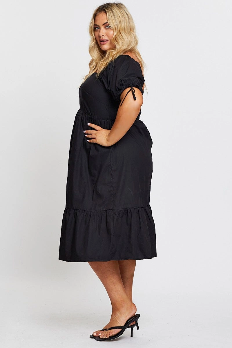 Black Short Puff Sleeve Black Bust Detail Dress Ruffle Detail
