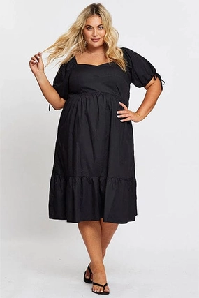Layered Comfort Wear Soft Layers Black Short Puff Sleeve Black Bust Detail Dress