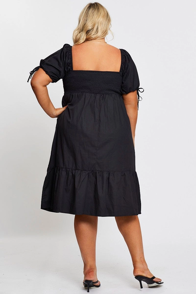 Black Short Puff Sleeve Black Bust Detail Dress Bodycon Fit Soft-Lining