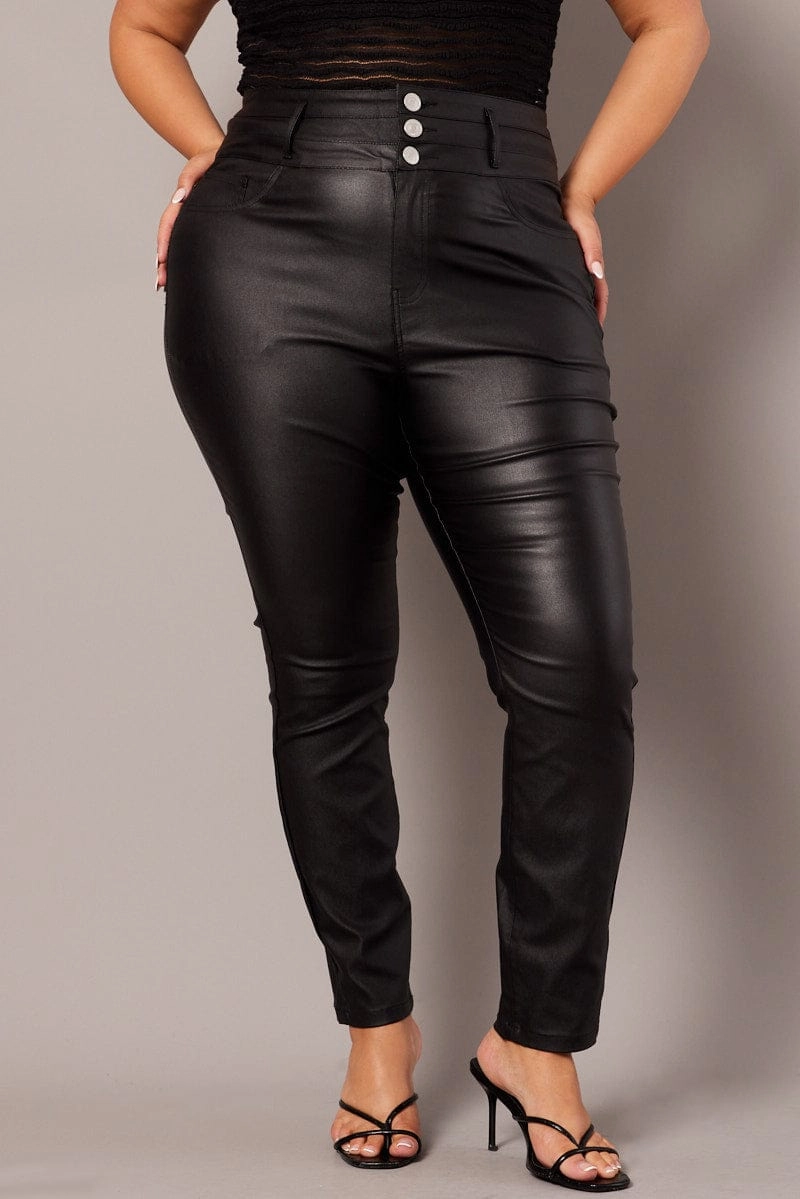 Black Skinny Jeans High Rise Wet Look Road Trip Casual Friday Home Comfort