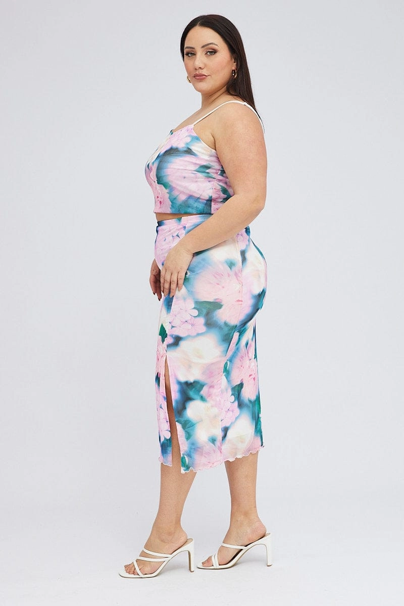 Multi Abstract Midi Skirt Bodycon Side Split Clean Cut Trend Ready