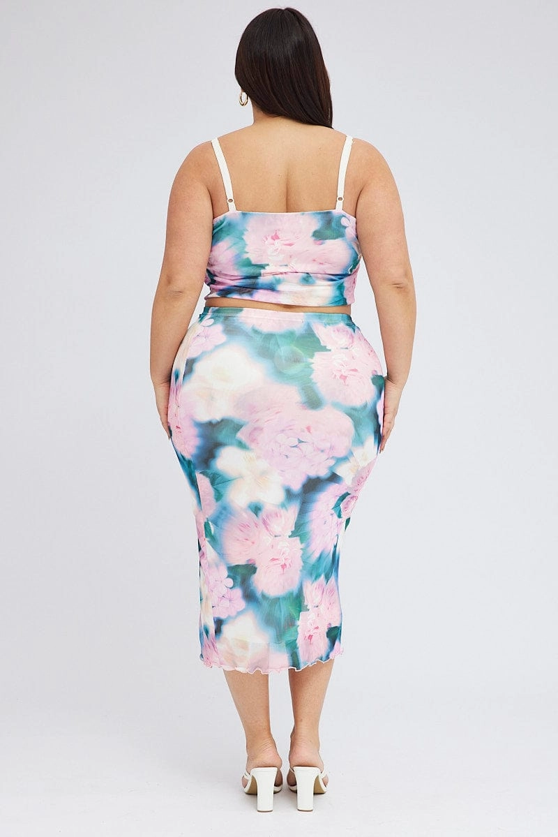 Tailored Cut Classic Comfort Multi Abstract Midi Skirt Bodycon Side Split