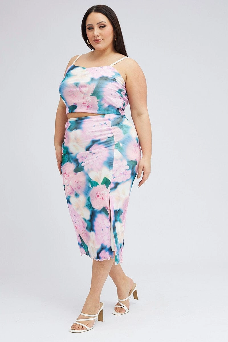 Light Mood Floor Length Multi Abstract Midi Skirt Bodycon Side Split