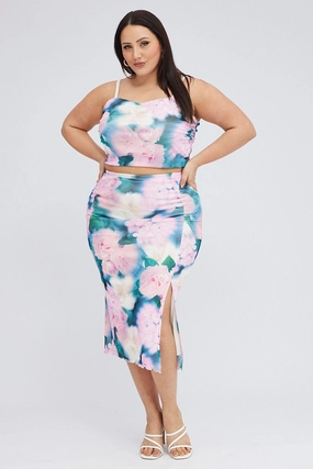 Bold Finish Multi Abstract Midi Skirt Bodycon Side Split