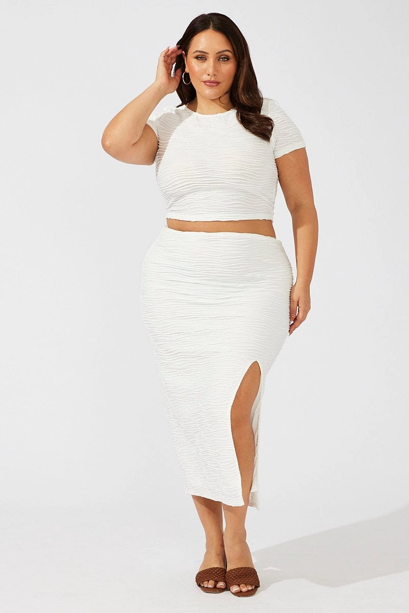 White Wavy Texture Bodycon Split Skirt Clean Aesthetic Drawstring closure