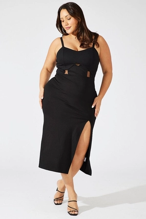 Sleek Touch Black Ponte Midi Dress Sheer Panel Waist