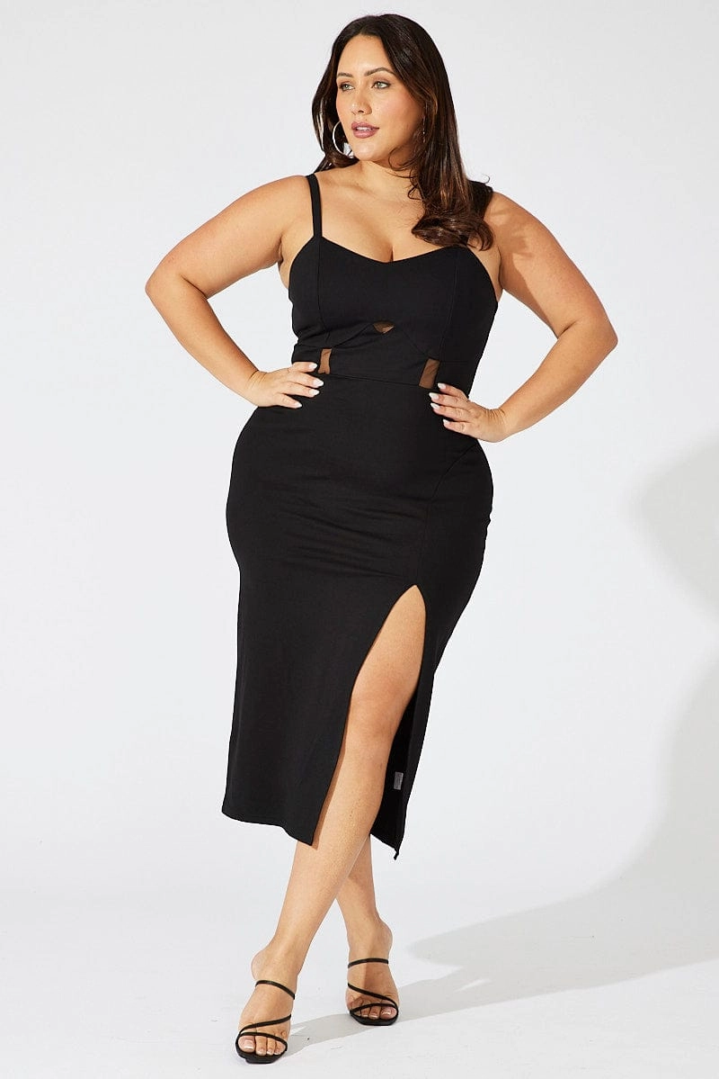 Black Ponte Midi Dress Sheer Panel Waist Relaxed work dress