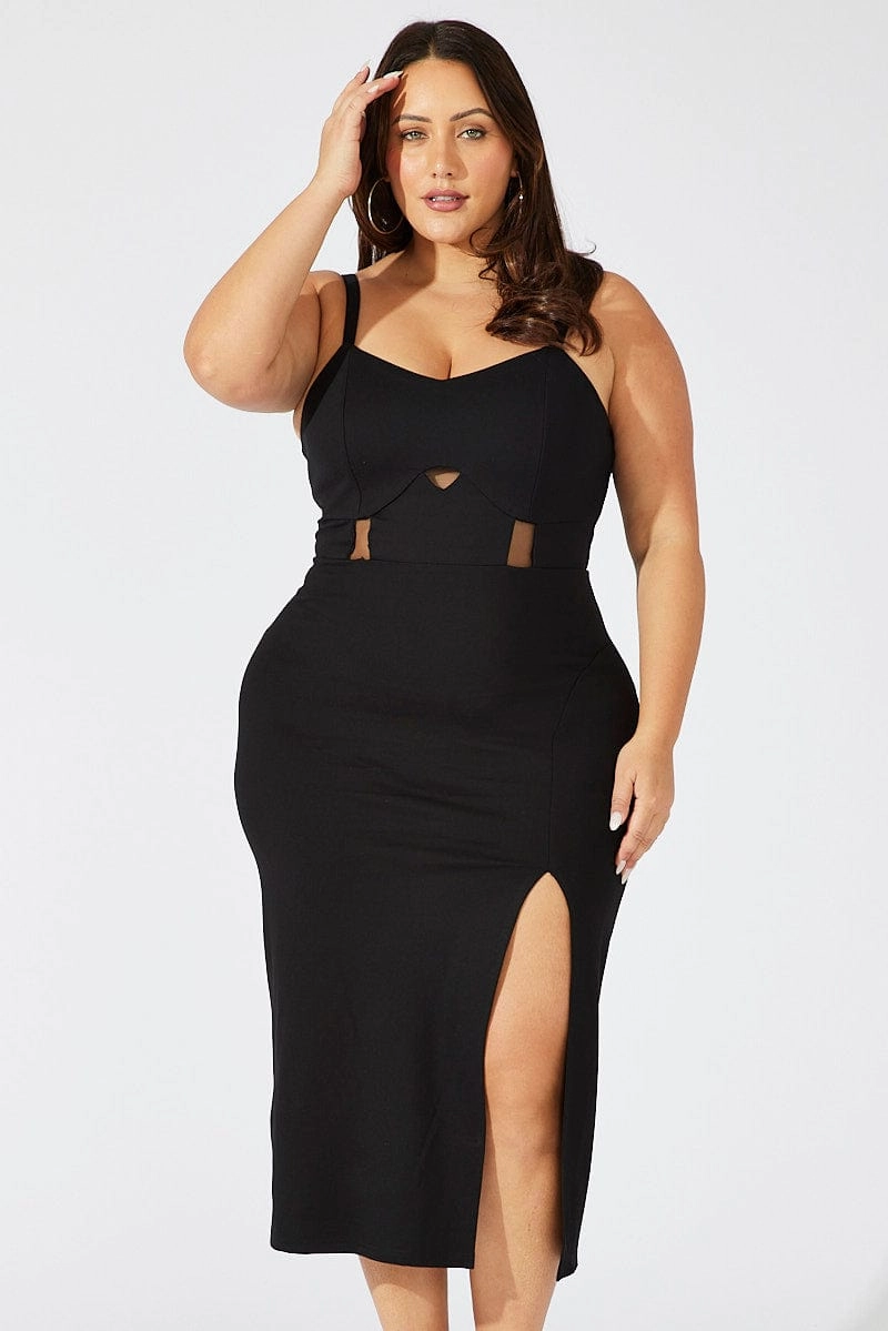 Romantic Hour Simple Ease Black Ponte Midi Dress Sheer Panel Waist