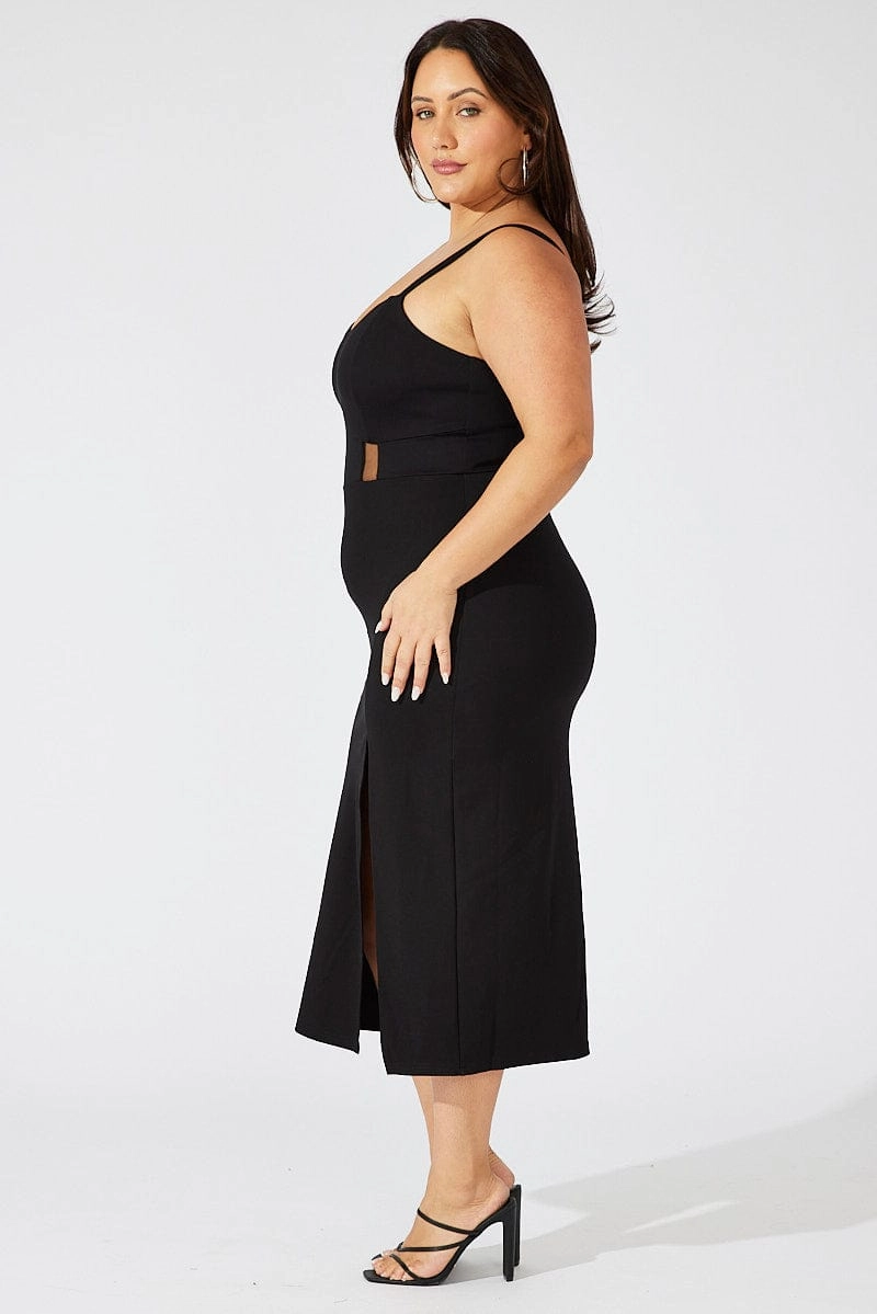 Black Ponte Midi Dress Sheer Panel Waist Calm Flow Square-Neck
