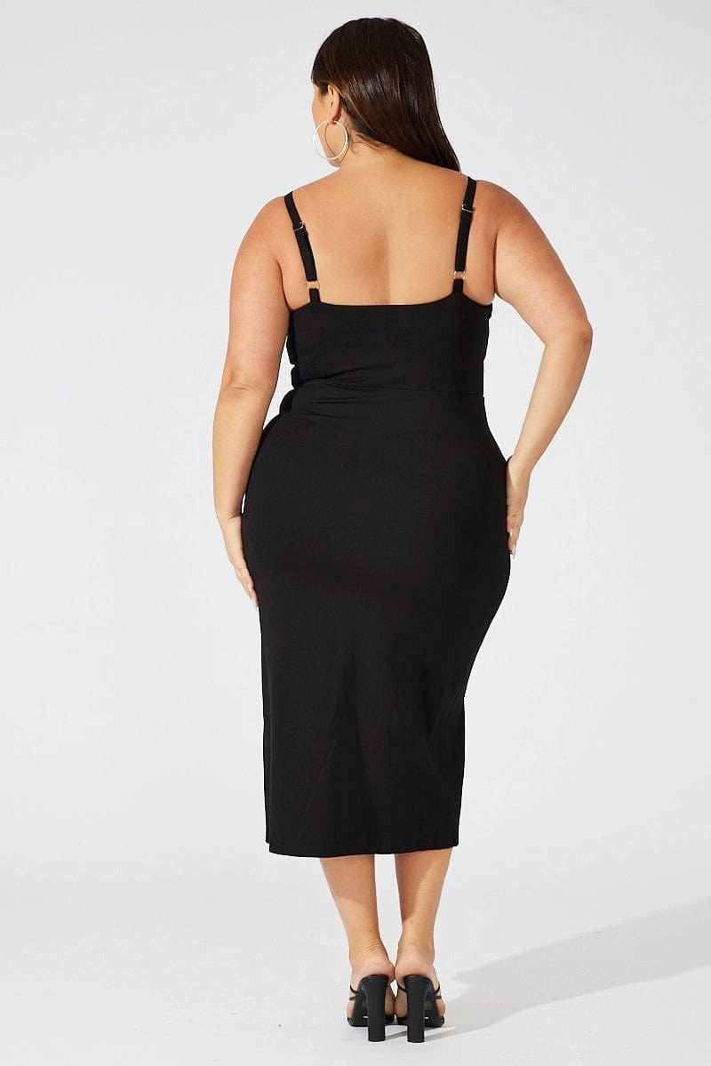 Black Ponte Midi Dress Sheer Panel Waist Skin Touch