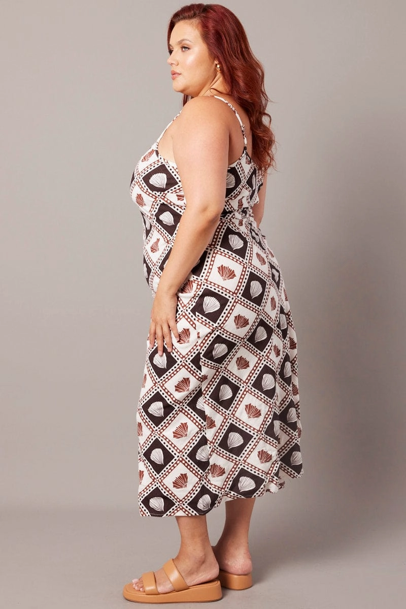 Brown Abstract Maxi Dress Sleeveless Linen Blend Simple Ease flattering appearance