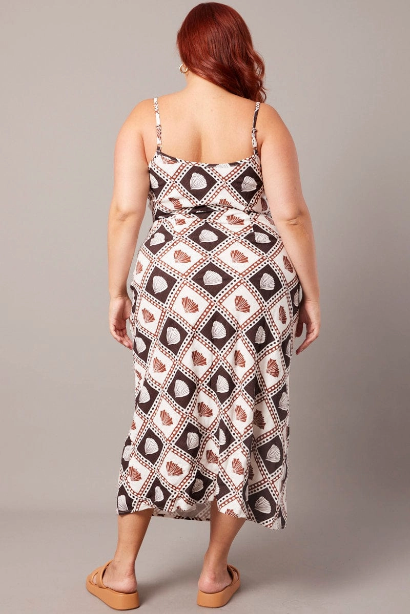 Brown Abstract Maxi Dress Sleeveless Linen Blend Layered Fabric Flattering Shape Look