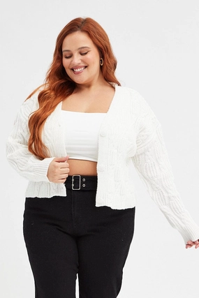White Oversized Cable Knit Cardigan Reflective Safety Details Soft Fleece Interior