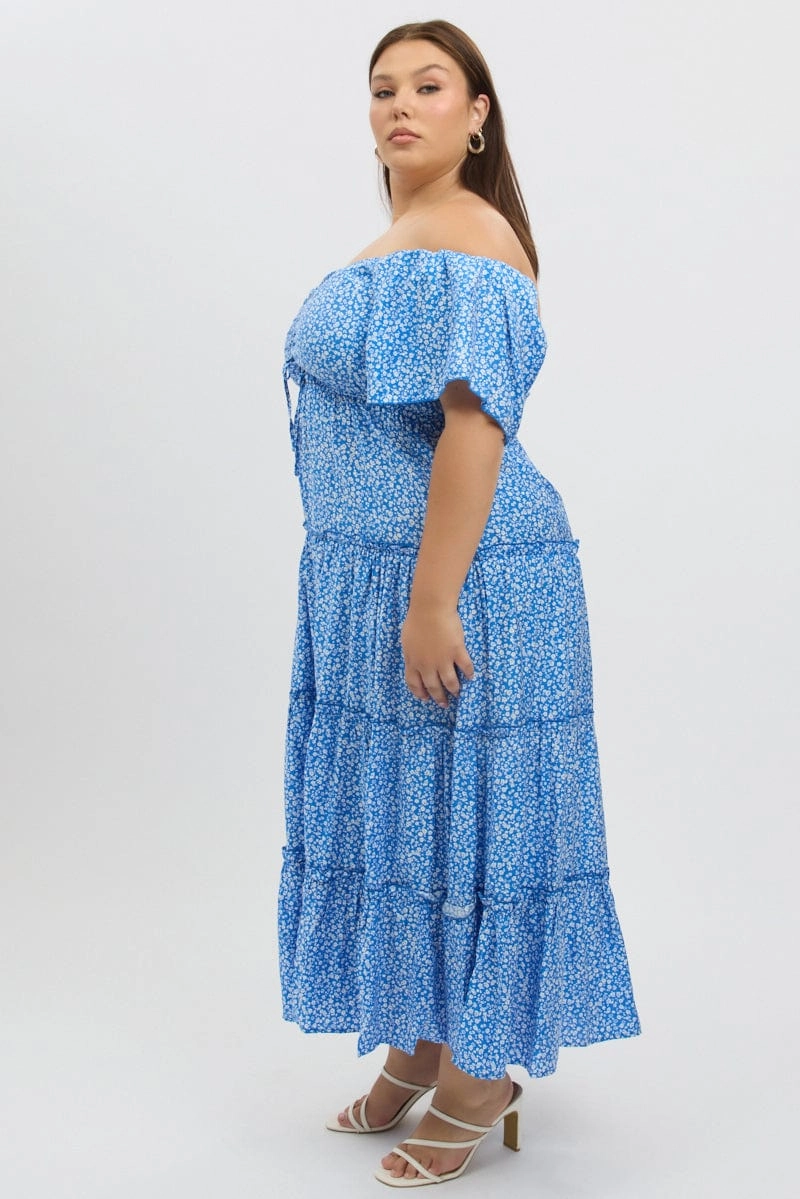 Fresh Outfit Sophisticated Appeal Blue Ditsy Maxi Dress Short Sleeve Ruched Bust Tiered