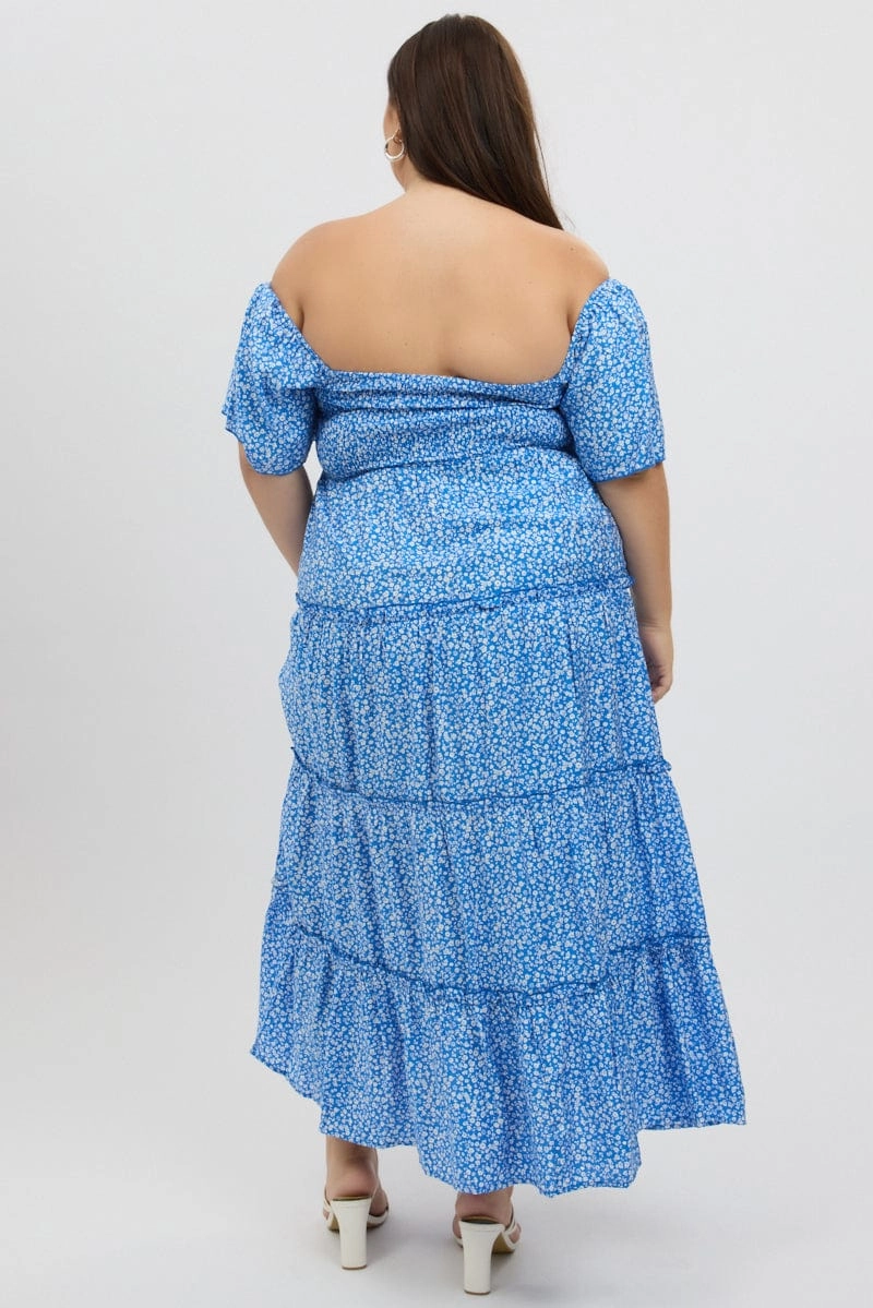 Shared Glow Belt Waist Blue Ditsy Maxi Dress Short Sleeve Ruched Bust Tiered