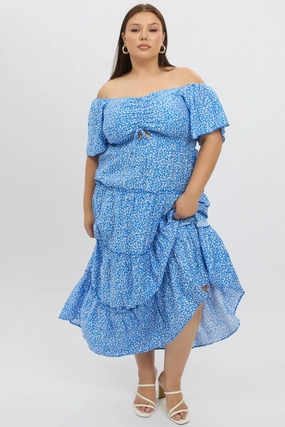 Cozy Texture Blue Ditsy Maxi Dress Short Sleeve Ruched Bust Tiered