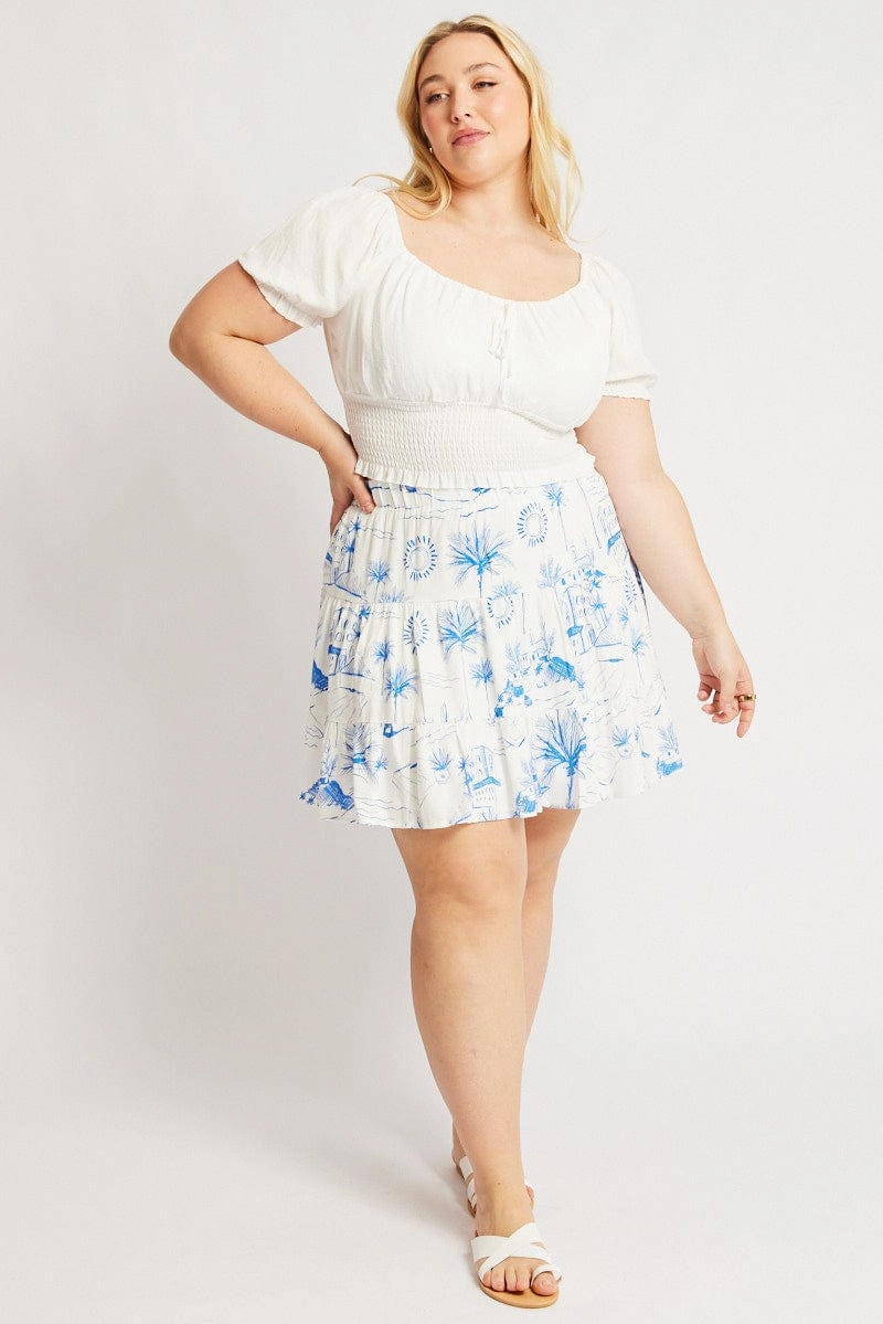 Blue Abstract Tiered Mini Skirt Reinforced Seams Hidden pockets