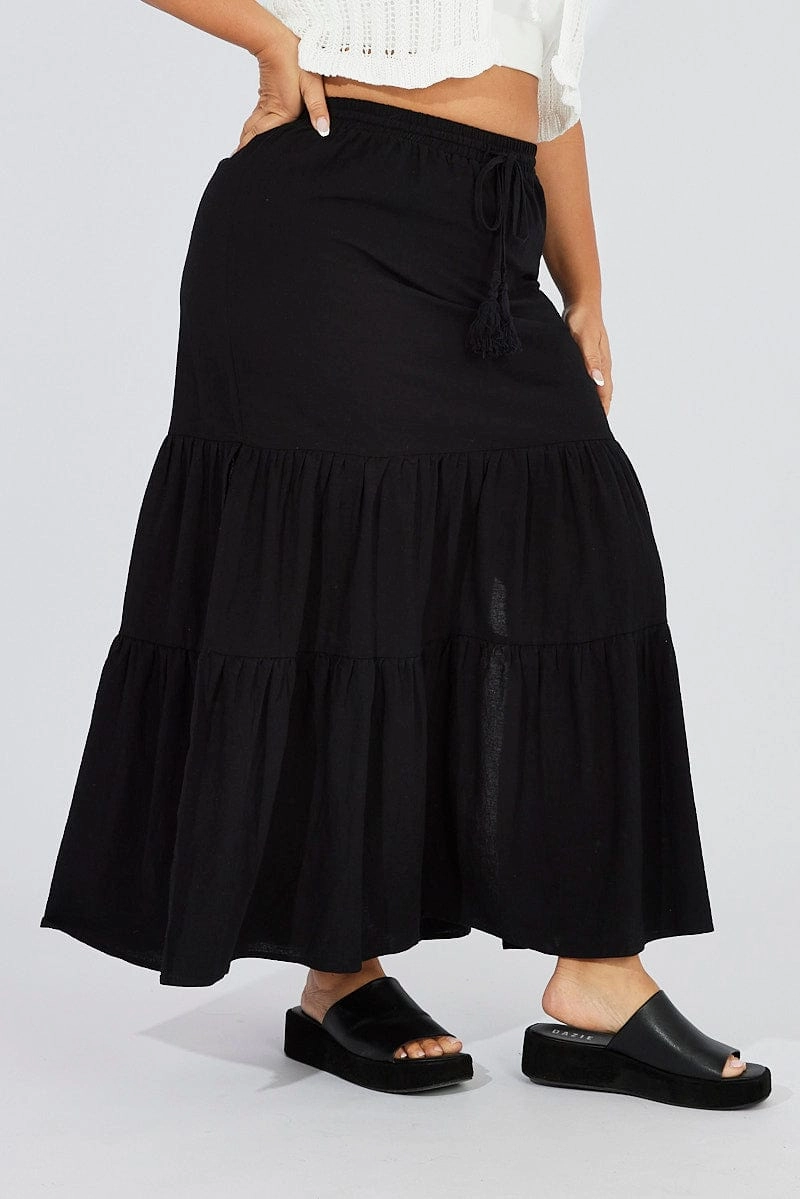 Black Maxiskirt Tassel Tie Side Splits elastic waistband Stylish Vibe