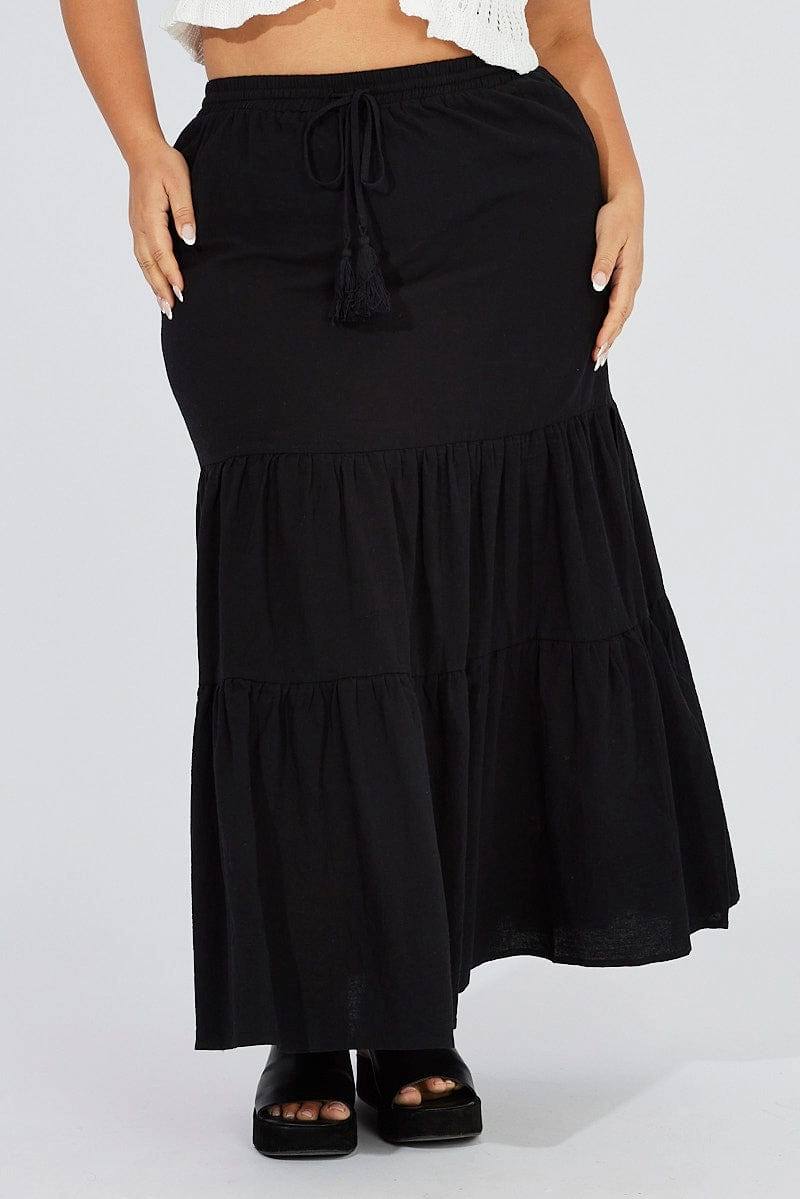 Elastic hem Black Maxiskirt Tassel Tie Side Splits