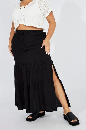 Black Maxiskirt Tassel Tie Side Splits Street Style Layered Design