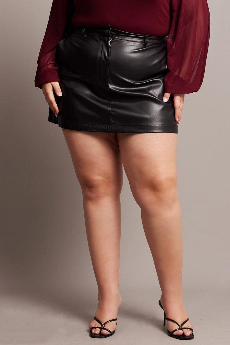 Black Faux Leather A-line Mini Skirt Romantic Vibe Modern Outfit