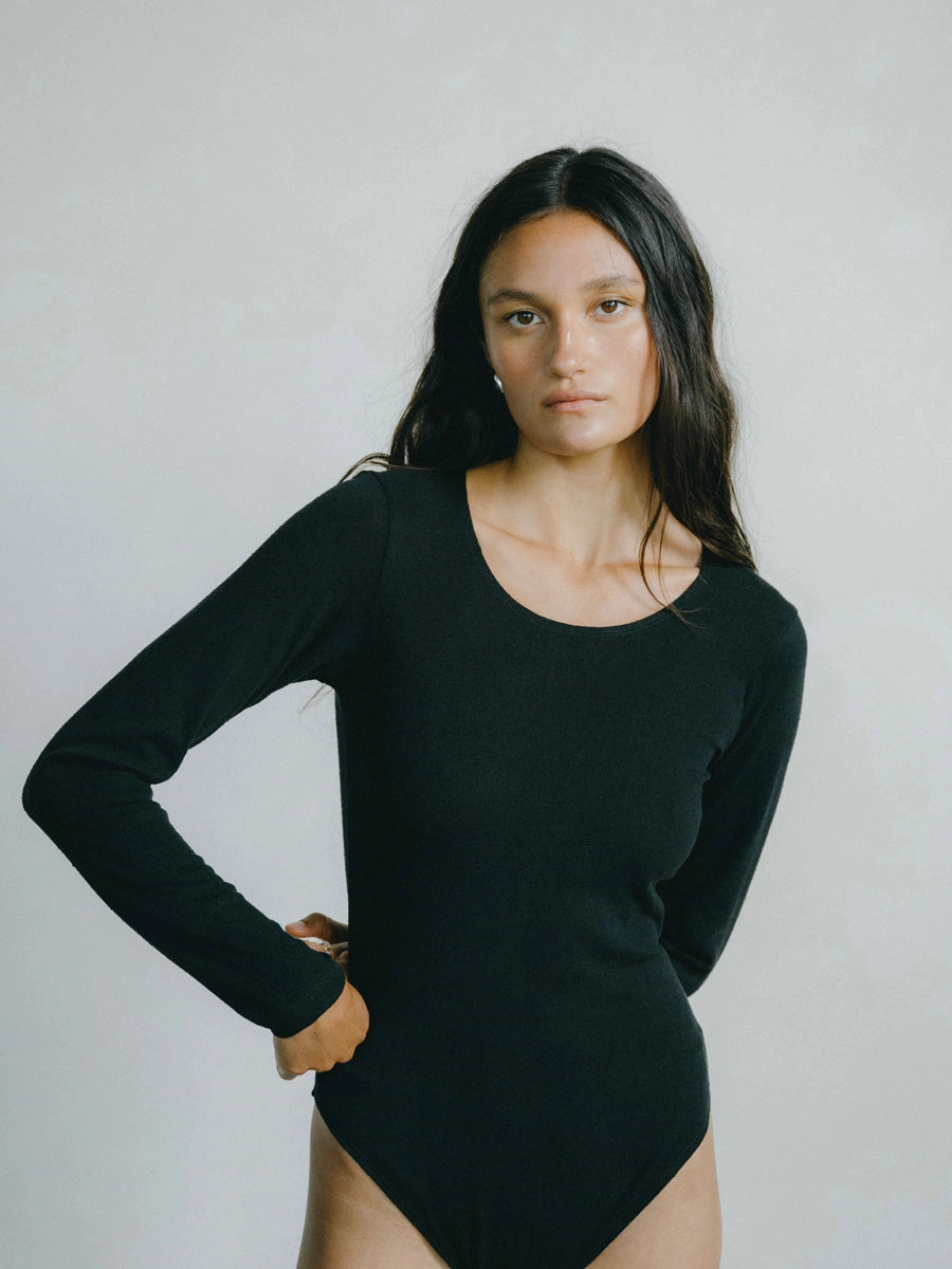 Organic Cotton Blend Antibacterial Treatment Naomi Bodysuit, Regen Silk Noil Jersey, Black
