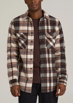 Ethically Sourced Yarn Sherpa-Lined Fleece Overshirt for Tall Men in Beige Tartan
