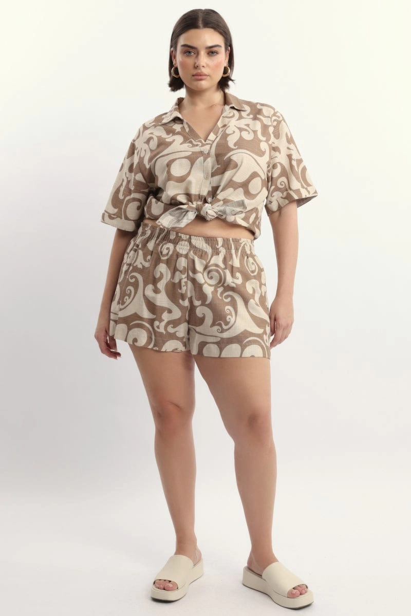Beige Abstract Elastic Waist Linen Blend Shorts Durable Hem Finishing