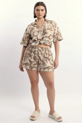 Beige Abstract Elastic Waist Linen Blend Shorts Durable Hem Finishing