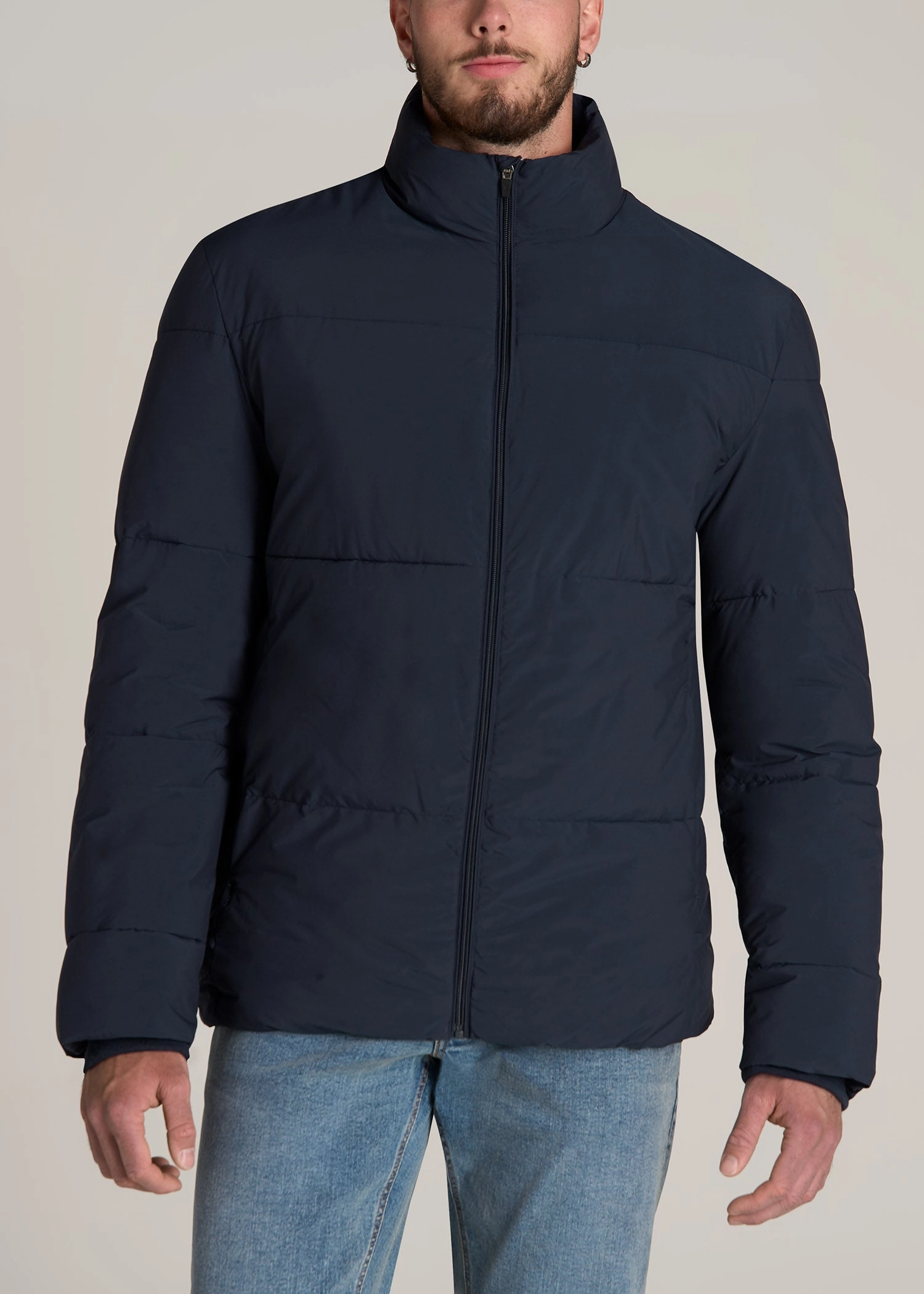 Zipper Guard Weatherproofing Stand Collar Puffer Coat Jacket for Tall Men in Evening Blue