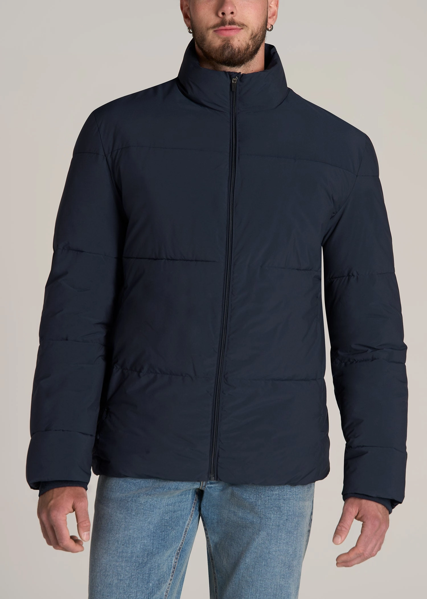 Adjustable Cuff Design Stand Collar Puffer Coat Jacket for Tall Men in Evening Blue