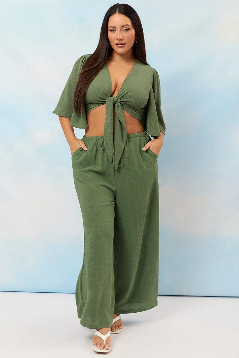 Flexible Motion Green Textured Georgette Lined Wide Leg Pants