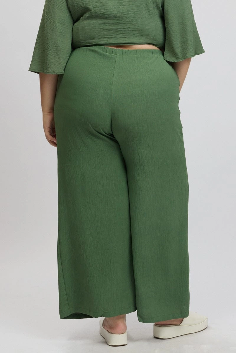 Green Textured Georgette Lined Wide Leg Pants All Purpose Wear