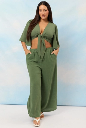 Flexible Motion Green Textured Georgette Lined Wide Leg Pants