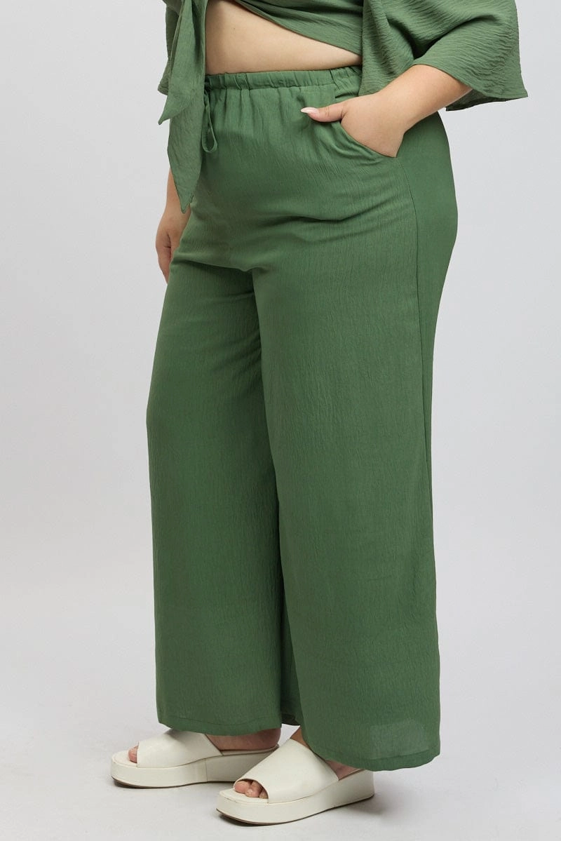 Sporty Style Casual Comfort Look Green Textured Georgette Lined Wide Leg Pants