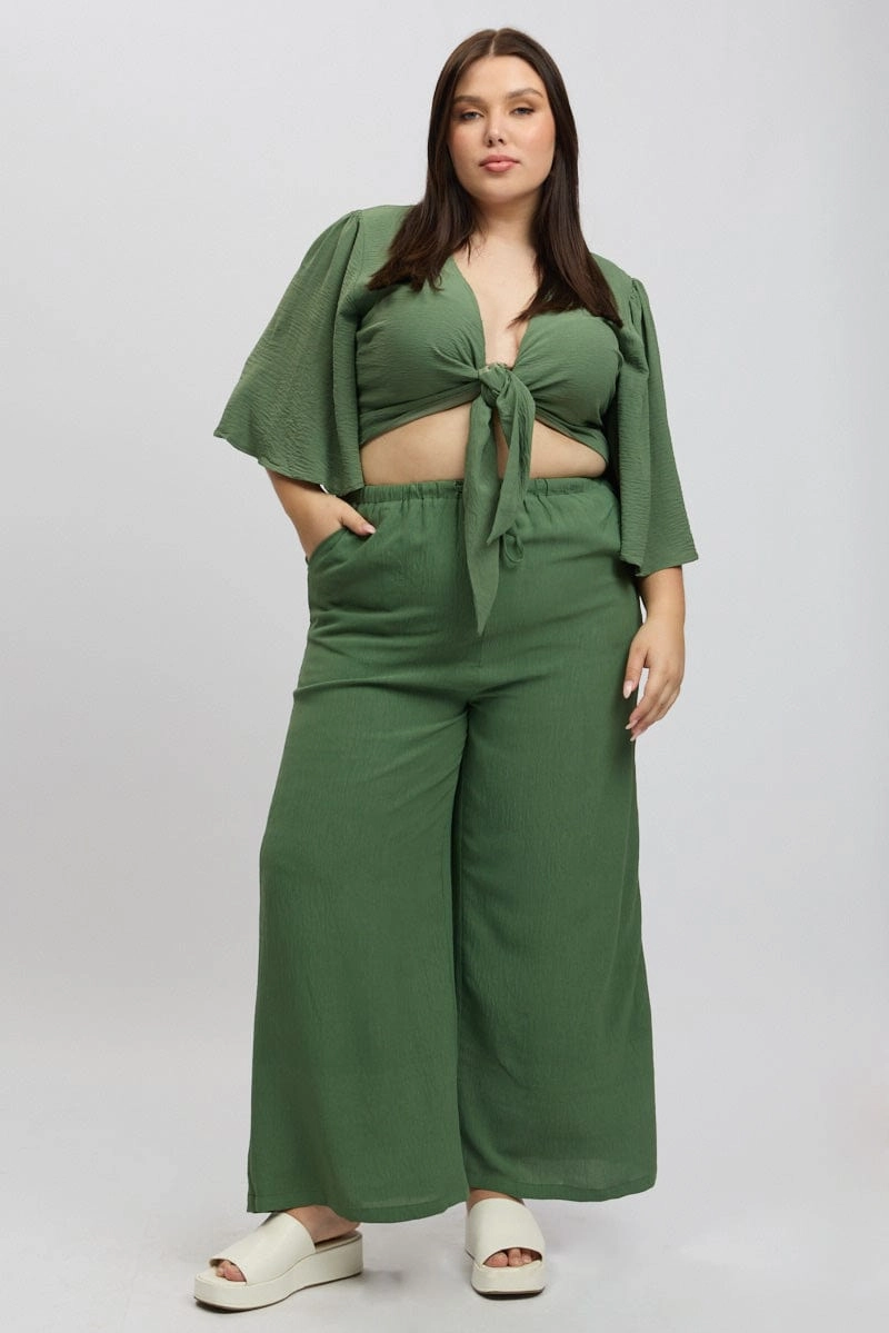 Green Textured Georgette Lined Wide Leg Pants Rugged Fit Structured Hemline