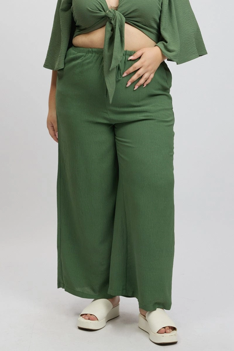 Non Restrictive Trendy Waist Green Textured Georgette Lined Wide Leg Pants