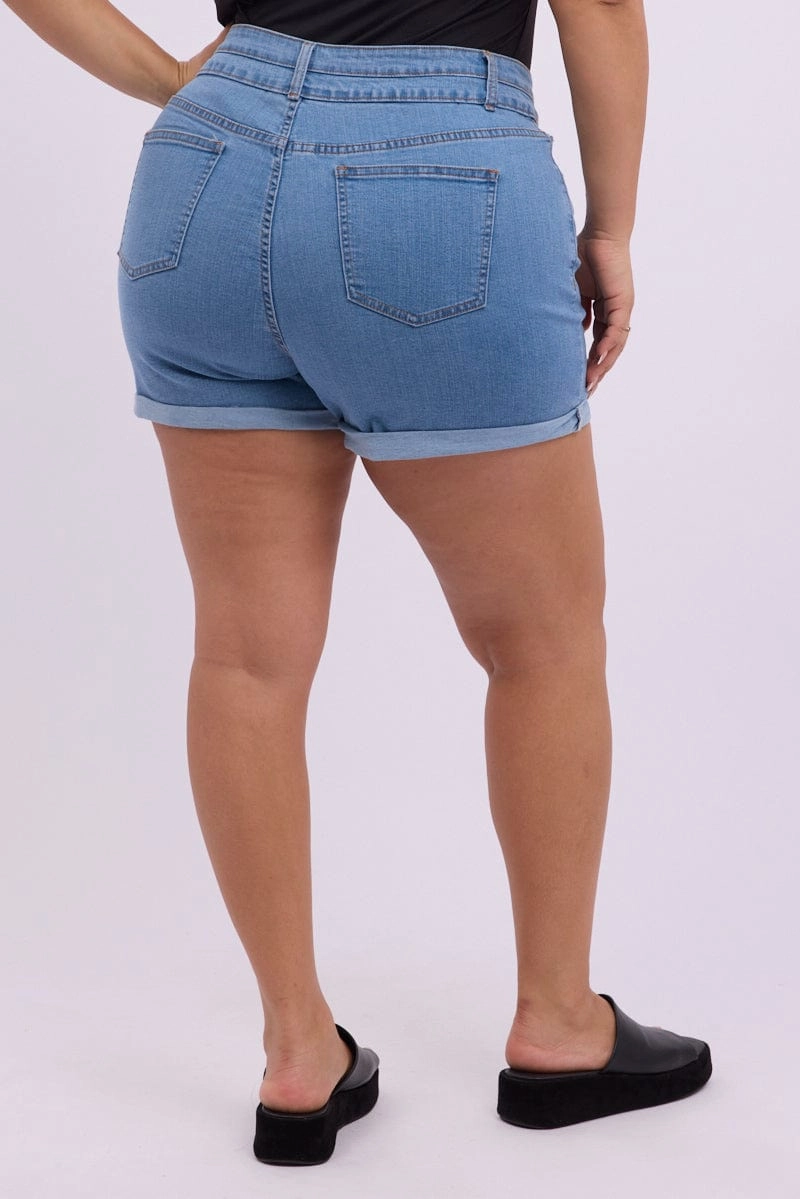 Abrasion Dispersing Weave Denim Skinny Shorts High Rise 3 Buttons