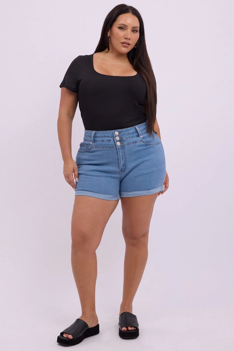 Comfort Stretch Minimalist Look Denim Skinny Shorts High Rise 3 Buttons