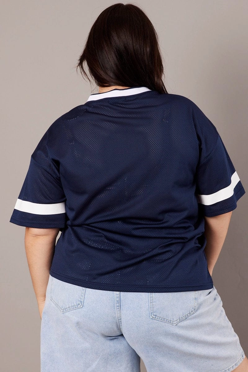 Pocket Detailing Breathable Performance Fit Blue Graphic T-shirt Short Sleeve V-Neck Oversized