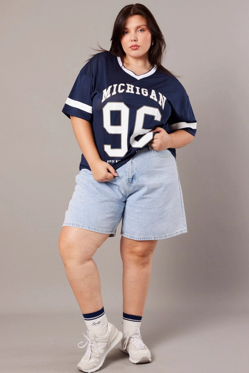 Blue Graphic T-shirt Short Sleeve V-Neck Oversized Breathable Comfort Fit Multi Panel Structure