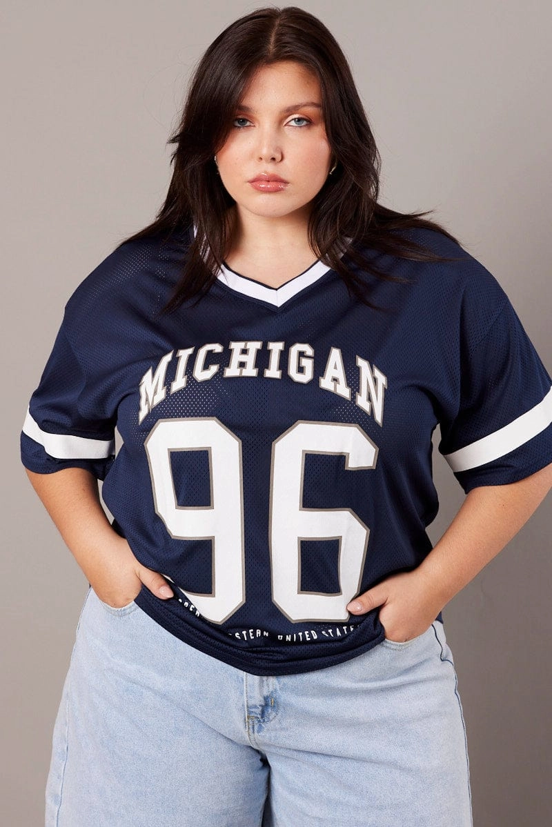 Blue Graphic T-shirt Short Sleeve V-Neck Oversized cycling outfit