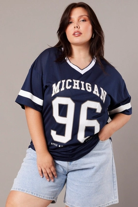 Blue Graphic T-shirt Short Sleeve V-Neck Oversized Daily Casual