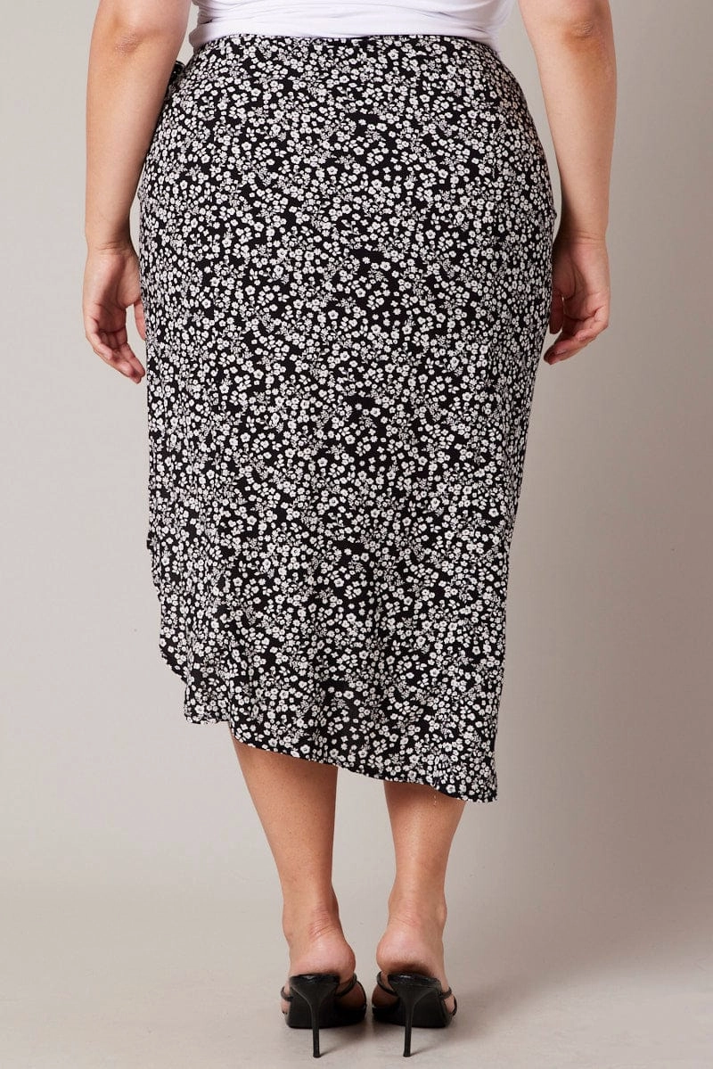 Lightweight Fabric Luxury Finish Black Ditsy Frill Wrap Midi Skirt